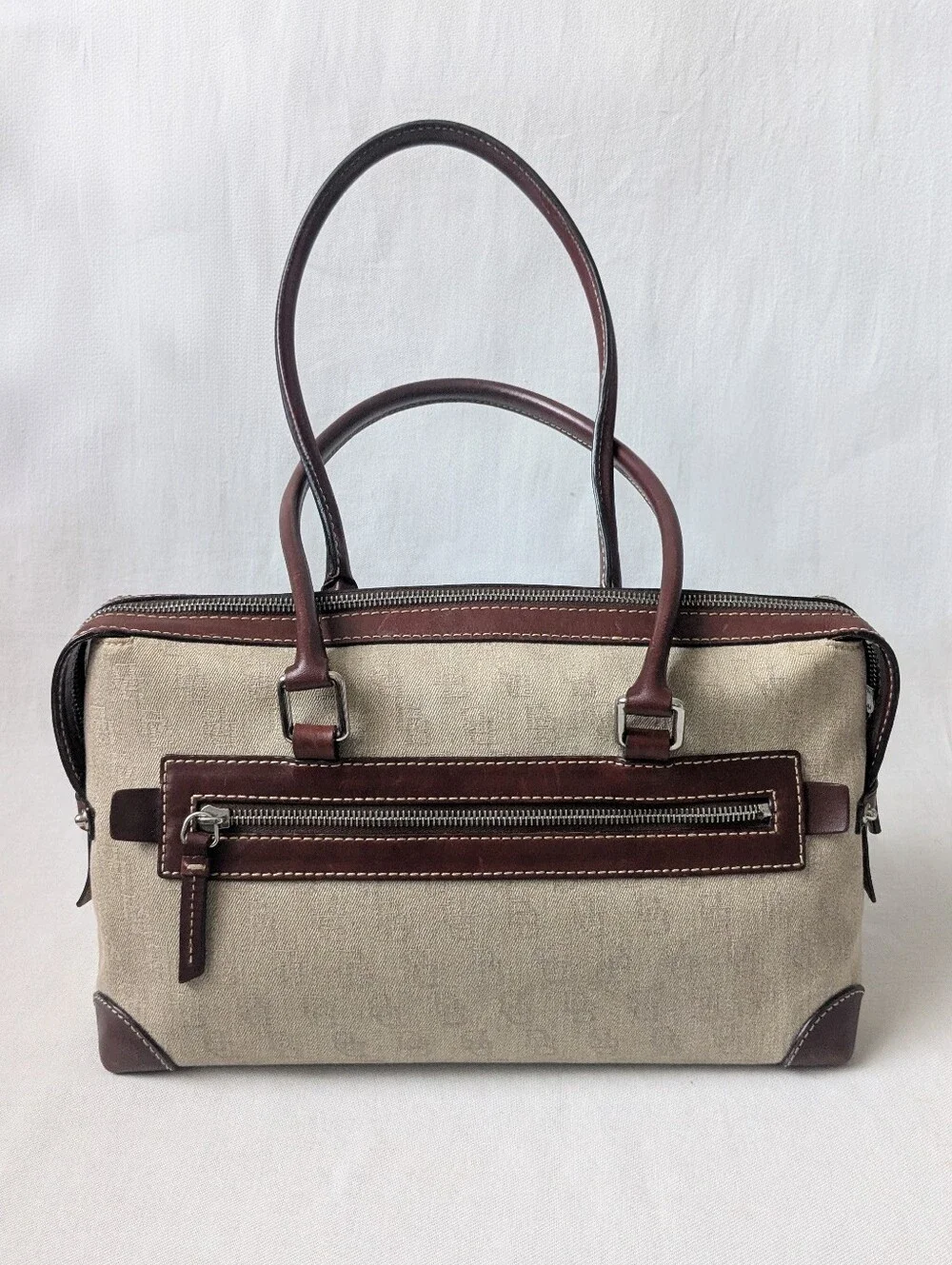 Dooney & Bourke Signature Logo Canvas Double Pocket Satchel Tote Bag